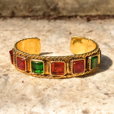 Vintage CHANEL Gripoix Byzantine Cuff Bracelet, Multi-Color Glass, Large Gold-Tone Cuff, Designer, 6 1/2