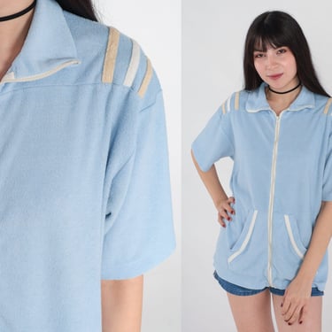 Terry Cloth Shirt 80s Baby Blue Shirt Striped Zip Up Top Collared Pocket Short Sleeve Retro Streetwear Polo Vintage 1980s Mens Medium M 