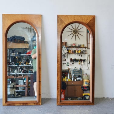 Pair of Mid-Century Modern Burl Wood Mirrors Thomasville Arched' series 