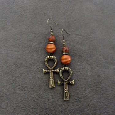 Ankh earrings bronze, Egyptian African earrings, bold statement earrings, ethnic tribal earrings, fertility symbol, Afrocentric orange agate 