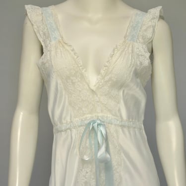 vintage 1940s white rayon nightgown w/ lace & blue ribbon details XS/S 