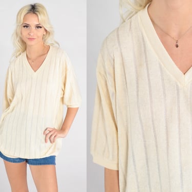 Cream Terry Cloth Shirt 70s Striped Terrycloth Top V Neck Top Slouchy Shirt Retro Tee Top Short Sleeve Vintage 1970s Extra Large xl Tall 