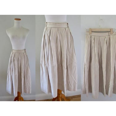 Vintage Striped Midi Skirt - High Waisted Beige and White Stripe Skirt with Pockets - Size Small 