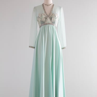 Ethereal 1970's Ice Castles Beaded Chiffon Evening Gown / Small