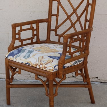 Two 2 Authentic Marked Lexington Rattan Rawhide Chinoiserie Fretwork Arm Chairs 