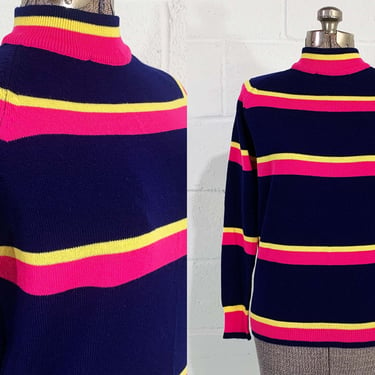 Vintage Striped Long Sleeve Sweater Mock Neck Jumper Stripe Geometric Navy Pink Yellow Mod Style Helen Sue 70s 1970s Medium Large 