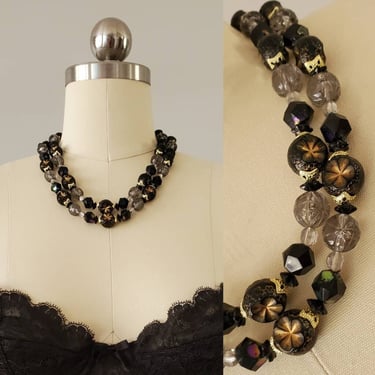 Vintage 1950's Black Gold Beaded Necklace with Decorative Clasp - Marked West Germany 50's Accessories 50s Jewelry 