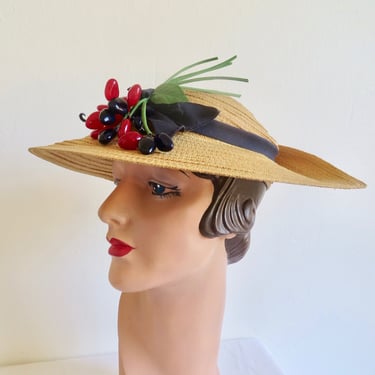 1940's Natural Straw Wide Brim Sun Hat Cherries and Ribbon Trim Turned up Back Spring Summer Rockabilly 40's Millinery 