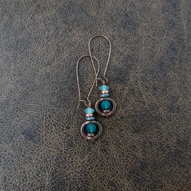 Copper dangle earrings, bling, sea glass earrings, artisan rustic earrings, ethnic earrings, boho chic earrings, unique earrings, teal 