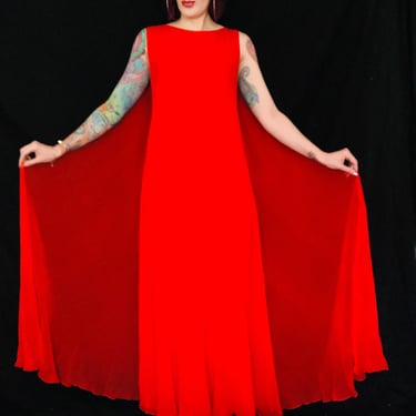 Vintage 1960's MALCOLM STARR Bright Red Silk Chiffon Goddess Gown - size Medium Large 