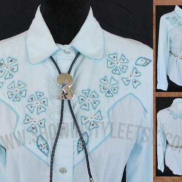 RoughRider Vintage Retro Western Women's Cowgirl Shirt, Rodeo Blouse, Mint Green, Embroidered Flowers, Tag Size Medium (see meas. photo) 