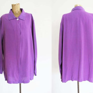 Vintage 90s Purple Silk Long Sleeve Shirt L - 1990s Grape Purple Collared Solid Color Button Up Blouse 