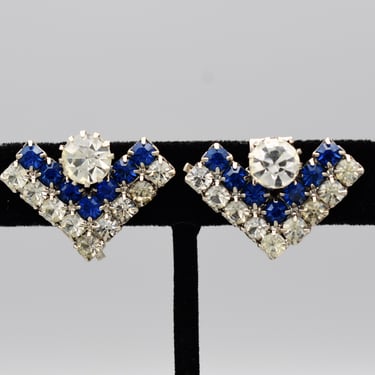 60's rhinestone silver tone chevron shoe clips, geometric blue & clear crystal bling shoe accessories 