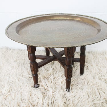 Brass Tray Top Spider Table with Folding Wood Base 