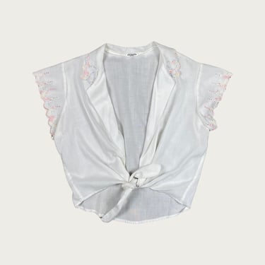 (S/M) 70s/80s Pastel Embroidered Eyelet Tie Front Top