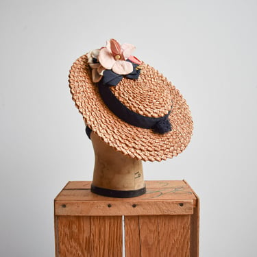 Vintage Straw Womens Boater Hat with Flowers 