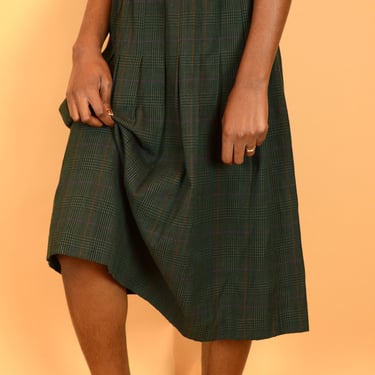 Vintage Green Plaid Tartan A-Line Pleated Midi Skirt 