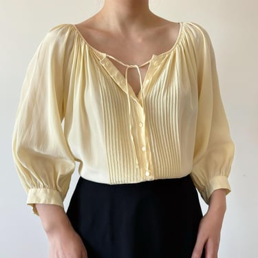 vintage silk blouse peasant blouse silk shirt silk top silk tunic yellow pleated shirt minimalist 90s retro vintage style size L 