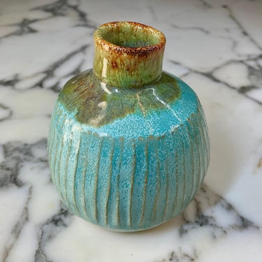 Handmade Ceramic Vase - Robin's Egg Blue & Moss - Carved Linear Design - Signed - 6
