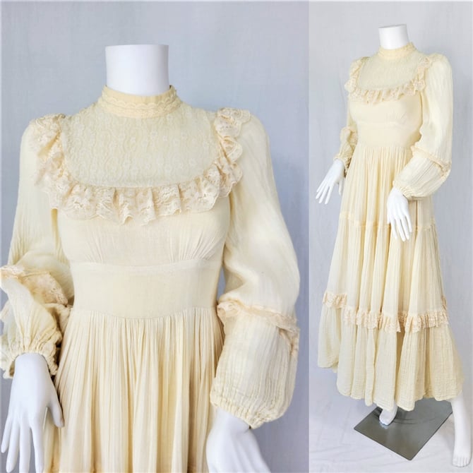 Gunne Sax 1970's Ivory Gauze Prairie Maxi Dress I Sz Sm I Jessica McClintock I Wedding Dress I Vintage Wedding 