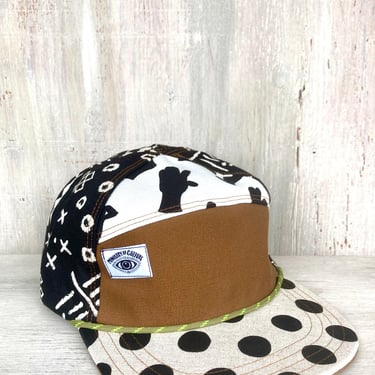 Handmade 6 Panel Hat, Triangle Front Baseball Cap, Black and White Combo Print Camp Hat, Snap Back Hat 