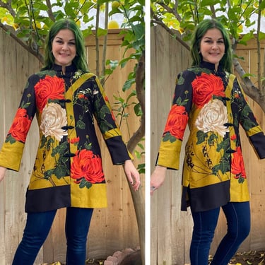 Vintage 1960’s Black, Red and Mustard Yellow Floral Blouse Tunic 
