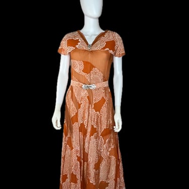 Ten Cents a Dance  - Vintage 1930s Pumpkin Silk Chiffon & Far East Metallic Patterned Dress 