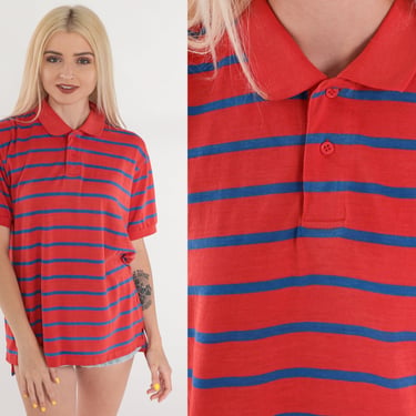 Striped Polo Shirt 80s Collared T-Shirt Red Blue Retro Half Button Up Short Sleeve Preppy Top Vintage 1980s Weekends in California Large L 