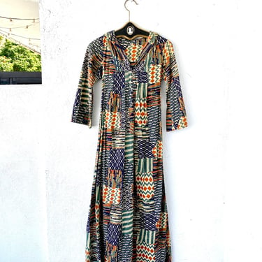 Vintage 60s 70s Hippie Hooded Dress Boho Ombré Patchwork Moroccan Dress 