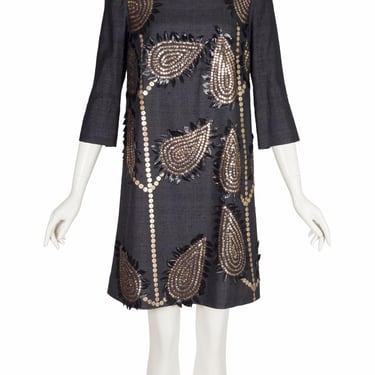 Chloé by Phoebe Philo 2006 S/S Embellished Leaf Design Vintage Gray Silk Dress Sz S 