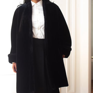 1980s Black Faux Mouton Trapeze Coat 