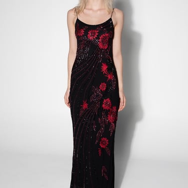 Cache Black & Red Silk Beaded Gown