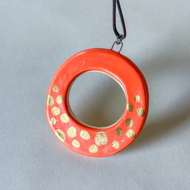 Porcelain Hoops w/ Gold Luster Pendant - Orange - Dots