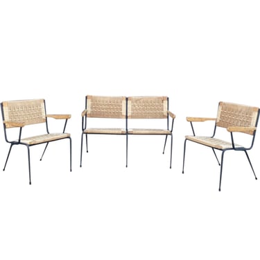 Pair of Chairs &#038; Settee in Black Iron Frame &#038; Danish Rope , Italian , 1950&#8217;s