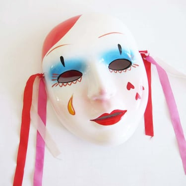 80s Ceramic Clown Mask - Harlequin Painted Face  Wall Hanging - Woman Theater Mask - 1980s Home Decor 