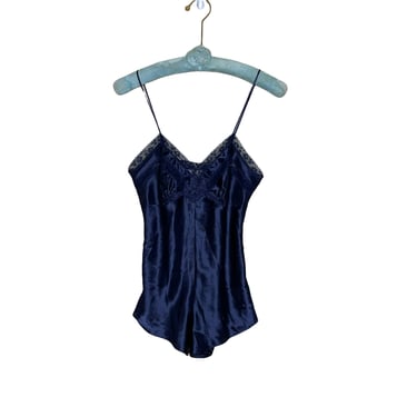 Vintage Victoria Secret Navy Blue Satin Lace Teddy Lingerie, Gold Label, Size Small 