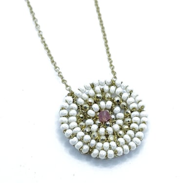 Danielle Welmond | Woven Gold Cord Necklace w/ White Pearls, Gold Pyrite, and Pink Tourmaline  on 14kt Gold Vermeil Chain