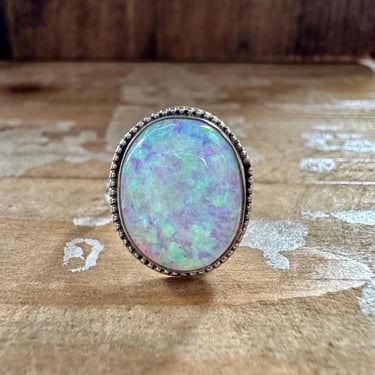 OPAL SUN BEAM Sterling Silver and Lab Opal Ring | Navajo Style Handmade Jewelry, Native American Southwestern | Size 7 1/2 