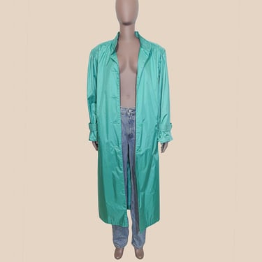 Vintage 80s Teal Long Trench Rain Coat Size 14 Fall Winter Quilted Outerwear Mock Neck Stand Collar Coat Oversized Light Weight Holiday 