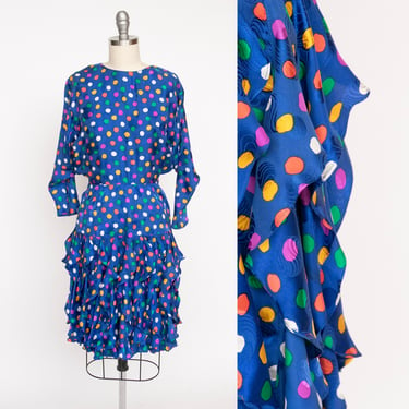 1980s Dress Silk Ruffle Polka Dot Print XS P 