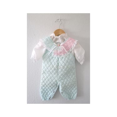 Vintage Baby Girl's Pastel Romper Outfit - Quilted Two Piece Set - Spring Easter Overalls & Blouse - Size 3 - 6 Months 