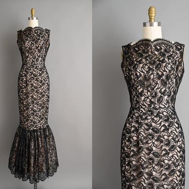 vintage 1950s Dress | VLV Illusion Lace Bombshell Fishtail Cocktail Party Dress | Small 