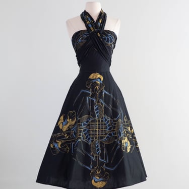 Glamorous 1950's Black Cotton Art Nouveau Print Halter Dress / M