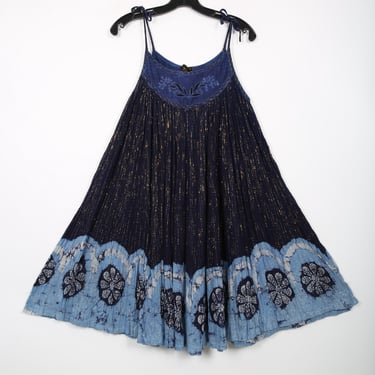 70s Vintage Indian Blue Tie Dye Summer Midi Dress Lurex Thread Boho Bohemian Hippie Hippy Summer 