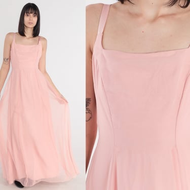 Blush Pink Gown 90s Long Party Dress Sleeveless Maxi Square Neckline Flowy Layered Bow Simple Formal Prom Cocktail Vintage 1990s Medium M 