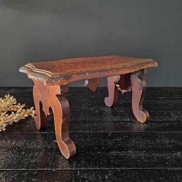 Antique French Wooden Footstool, Solid Wood with Rich Patina, Handcrafted Ornate Base 