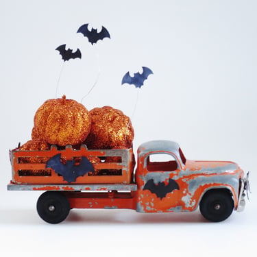 Halloween Pumpkin Truck,  Mid-Century Hubley Kiddy Toy Truck, Orange Stake Truck 