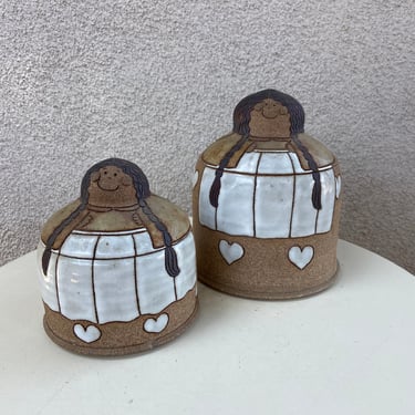 Vintage 1985 stoneware browns white canister set 2 girl with hearts by Krista Hahne of Hallelujah Pottery 
