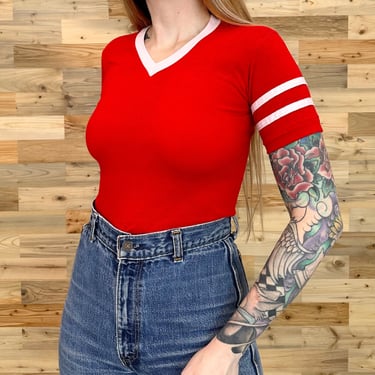 70's Vintage Red V-Neck T Shirt with Striped Sleeve 