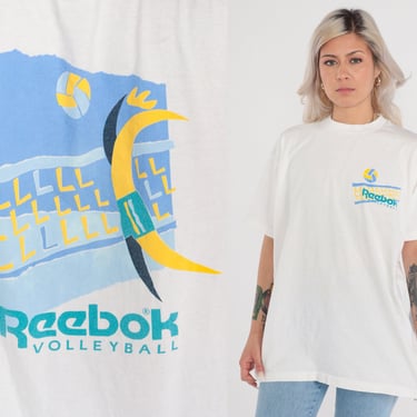 Vintage Reebok Volleyball T Shirt 90s Athletic TShirt Streetwear Sports Running Top Retro Tee White 1990s Large L 